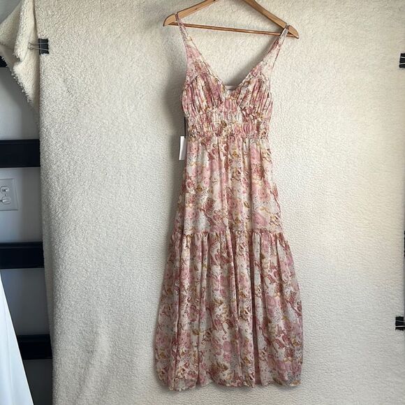 Floret Stuidios Dress Womens XS Smocked Waist Corset Detail Tiered Taupe Mauv - Picture 2 of 9